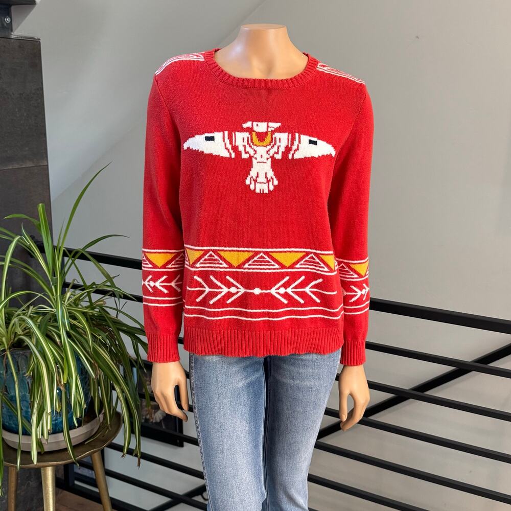 VTG Southwestern Thunderbird Knit Pullover Sweater Red Tribal Graphic Women's M